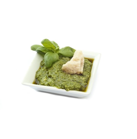 basil sauce typical of Ligurian cuisine on white backgroundの写真素材