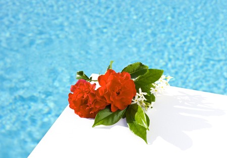 Red roses placed on board a private pool.の写真素材 [40007155478] - イメージマート