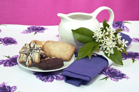 Romantic breakfast on colored background and contrastingの写真素材