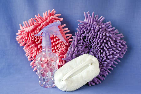 Home cleaning products on a blue backgroundの写真素材