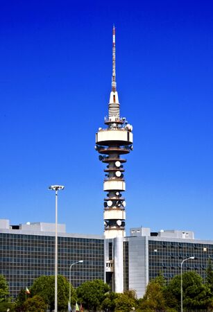 Television antenna against a cobalt blue skyの写真素材