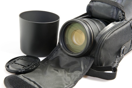 Zoom lens in its case and on a white backgroundの写真素材
