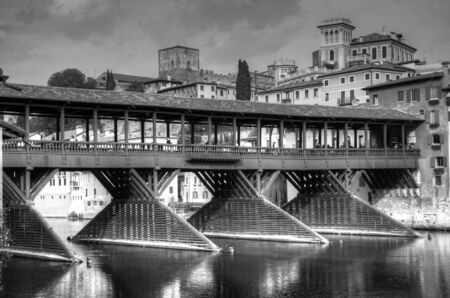 Old bridge of Bassano del Grappa in black and whiteの写真素材