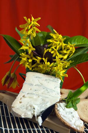 Typical Italian cheese on a wooden cutting boardの写真素材