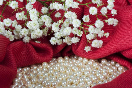 pearls scattered on a colored background fabricの写真素材