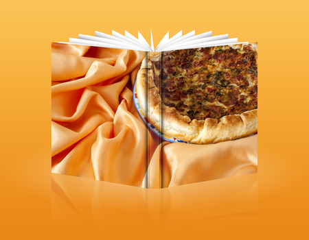 book of Flan with broccoli and leeks on a fabricの写真素材