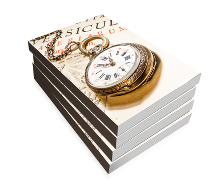 book of antique pocket watch on ancient Bible into Latin