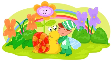 Elf with cute snail among violets and grass. Illustration for children.のイラスト素材