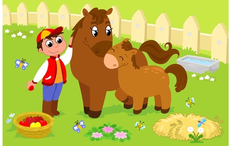 Boy with horse and cute colt. Cartoon illustration for children.のイラスト素材