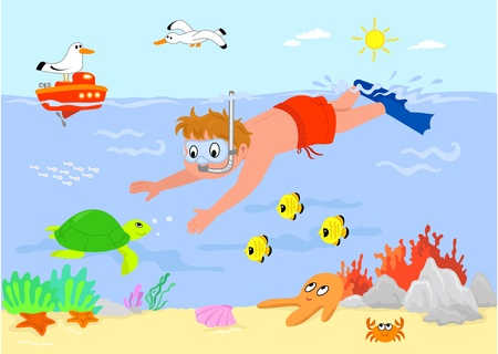 Kid swimming underwater with sea creatures. Cartoon illustration.のイラスト素材