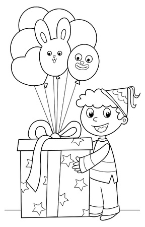 Happy boy with a very big Birthday gift and a lot of balloons. Black and white illustration.のイラスト素材