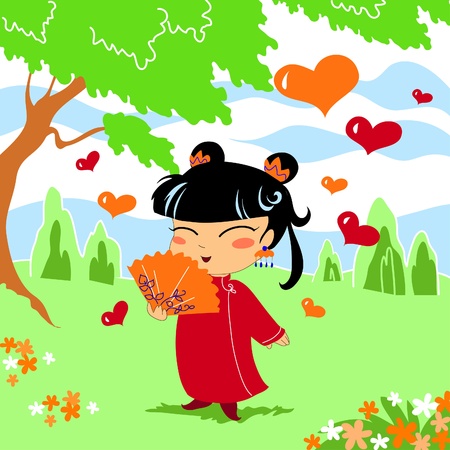 Asian young girl in love in a oriental woodのイラスト素材
