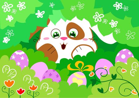 Cute easter bunny finds decorated eggs. Vector cartoon illustration.のイラスト素材