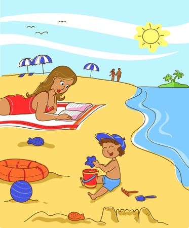 Child playing with the sand at the beach while his mother is reading a book. Vector.のイラスト素材