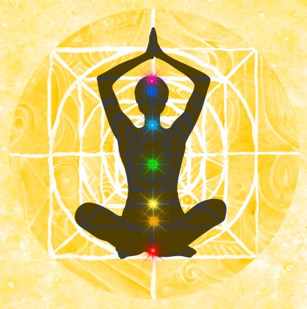 Lotus meditation pose with hands up in prayer. Padmasana with colored chakra points.の写真素材