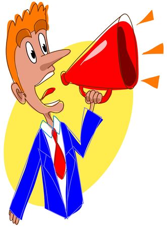 A man screaming into a megaphone. Digital illustration.の写真素材