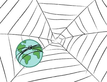 Stylized earth caught in a spider net.