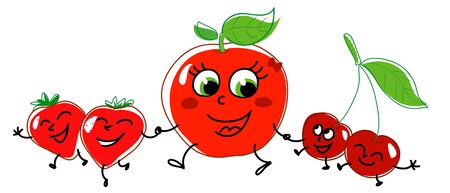 Smiling jumping red fruits  Apples, cherries, strawberries の写真素材