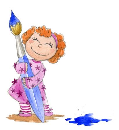 A young happy girl with a big brush  Colored illustration made with watercolors の写真素材