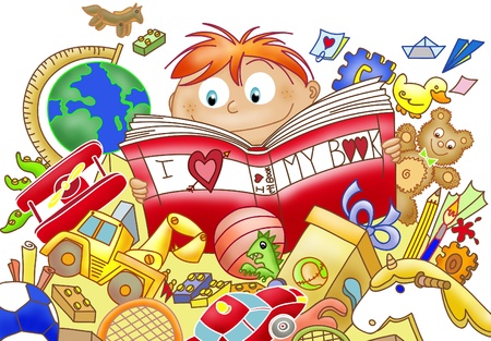 Digital illustration  a young boy who loves his books and ignores a lot of toys の写真素材