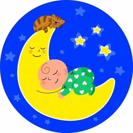 cute baby sleeping on the moon with little cat  Cartoon illustration のイラスト素材