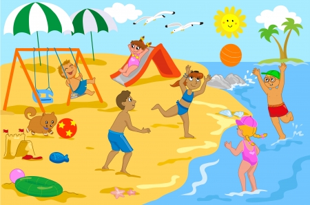 Group of kids happily together at the seaside  Some are playing with a ball and some at the playground のイラスト素材