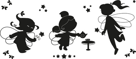 Three black silhouettes of cute fairies flying with wands のイラスト素材