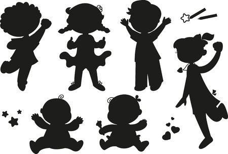 Six black silhouettes of happy boys girls and babiesのイラスト素材