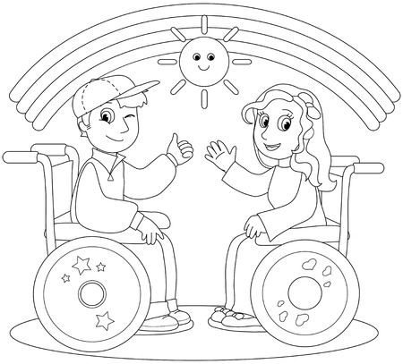 Coloring illustration of smiling boy and girl on wheelchair  のイラスト素材