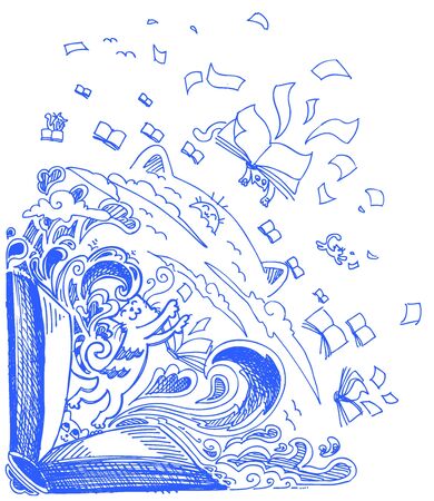 Blue sketchy doodles with books and catsのイラスト素材