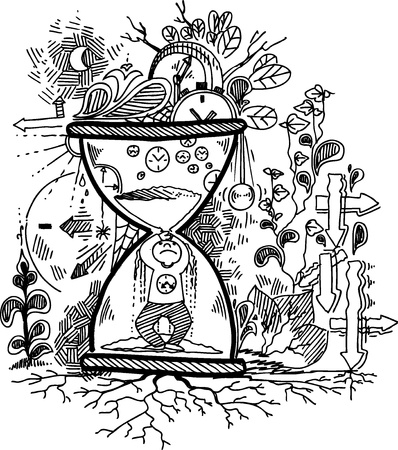 Sketchy doodles with stressed man trapped in an hourglass のイラスト素材