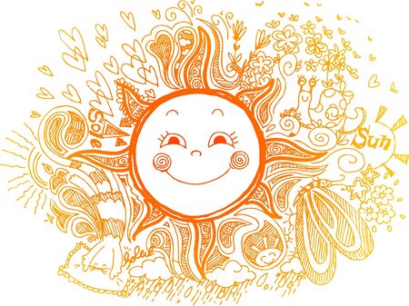 Sketchy doodle of smiling decorated orange sunのイラスト素材