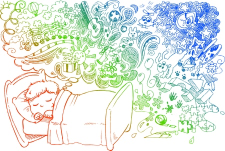 Child in bed dreaming of games, toys and funny things のイラスト素材