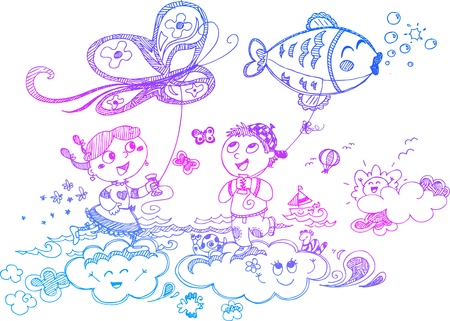 Sketchy doodles of kids playing with funny kites のイラスト素材