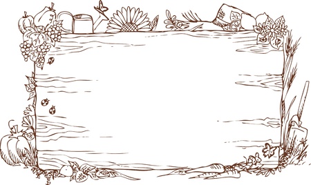 Farm sign with fruits, vegetables, countryside tools のイラスト素材