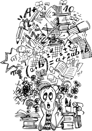 Very busy stressed schoolboy in black and whiteのイラスト素材