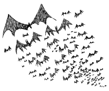 Big group of sketched flying Halloween batsのイラスト素材