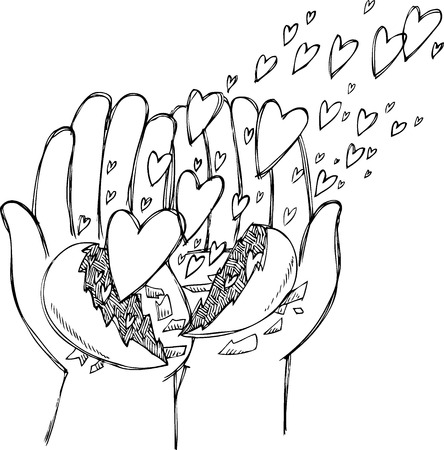 Hands with broken heart and little flying heartsのイラスト素材