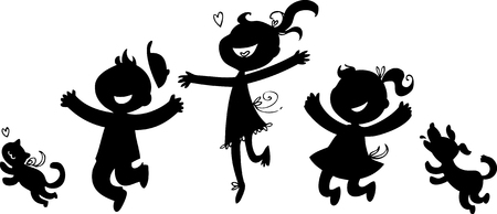 Black silhouettes of boy, two girls, cat and dogのイラスト素材