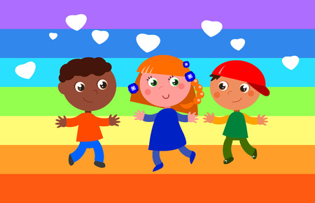 Rainbow colored peace flag with happy children.のイラスト素材