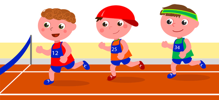 Three young boys running in a competition. Vectorのイラスト素材