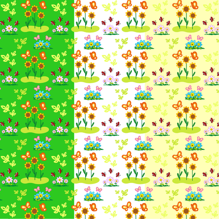 Flowers, butterflies and ladybugs. Three seamless illustrated vector pattern.のイラスト素材