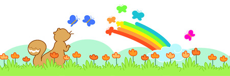 Cute squirrel in spring with rainbow, flowers and butterflies. Vector seamless illustration.のイラスト素材