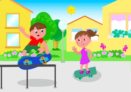 Boy and girl on skateboard in town, vector illustrationのイラスト素材