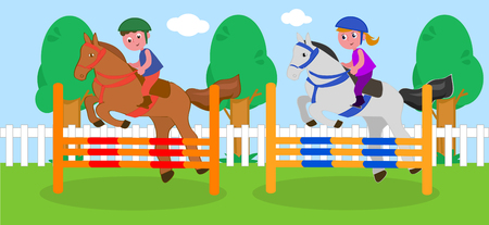 Boy and girl jumping obstacles with horses, vector illustrationのイラスト素材