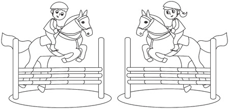 Boy and girl jumping with horses, coloring vector illustrationのイラスト素材