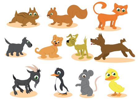 Illustrated animals vector. Cat, dogs, squirrel, chipmunk,mouse,penguin, goat, duckling.のイラスト素材