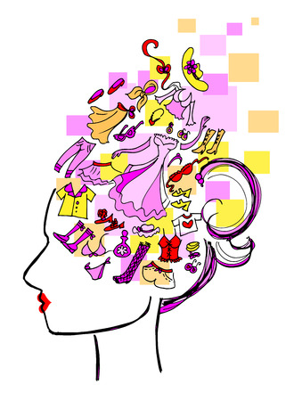 Woman profile with mind full of things to buy. Vector illustration about compulsory shopping.のイラスト素材