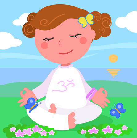 Cute girl relaxing in yoga pose in sea landscape, cartoon vector illustrationのイラスト素材