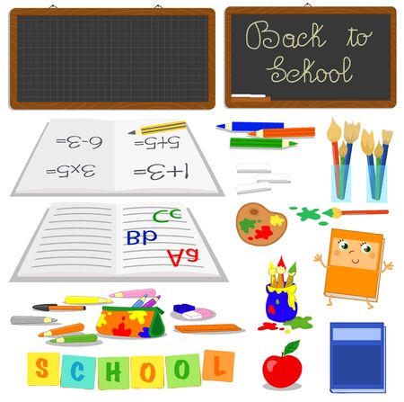 School objects like black board, books and crayons, cartoon vector illustrationのイラスト素材